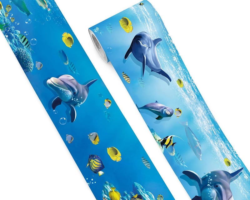 FLFK Peel and Stick Wallpaper Border Wall Decals for Kids Room - Under The Sea Fish Stickers Murals, 6" x 240" (Blue) - Image 1